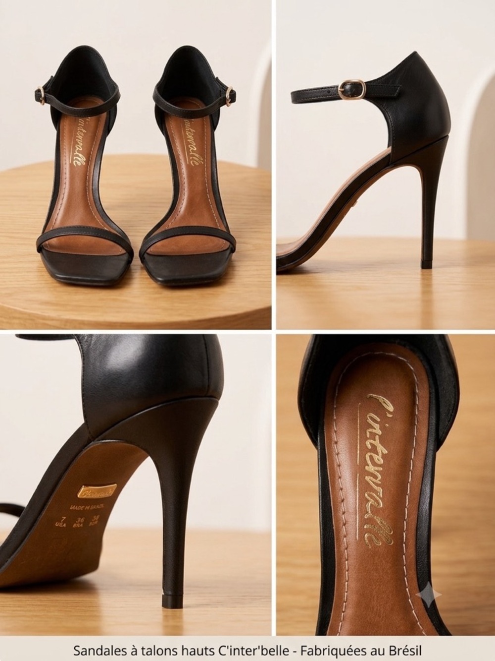 L'INTERVALLE Black Leather Ankle-Strap Stiletto Sandals